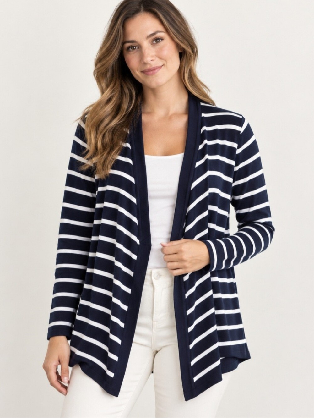 Lauren Ralph Lauren Navy and White Striped Open-Front Cardigan size M